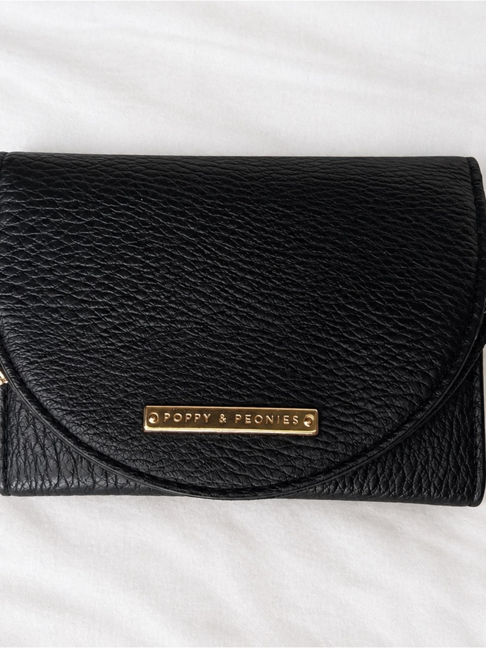 Poppy & Peonies Black Pebbled Leather Wallet with Gold Hardware